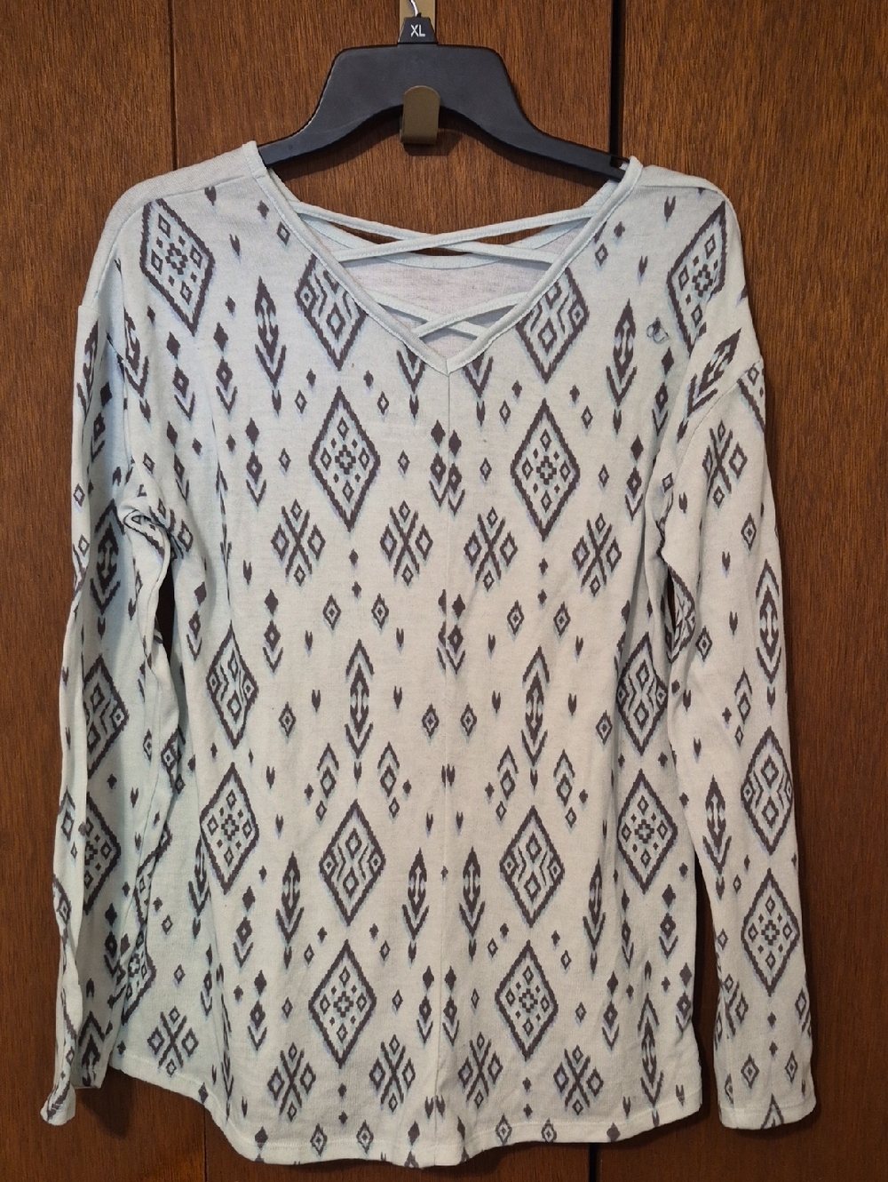 Justice Light Green Crisscross Neck Long Sleeve Aztec Print Top SZ 20